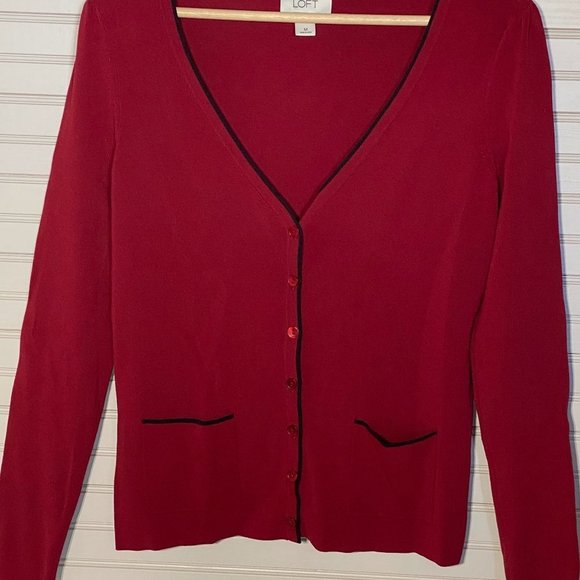 Ann Taylor LOFT Red Cardigan with Black Trim - Picture 2 of 5
